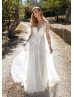 Long Sleeves Ivory Sequined Lace Chiffon Romantic Wedding Dress